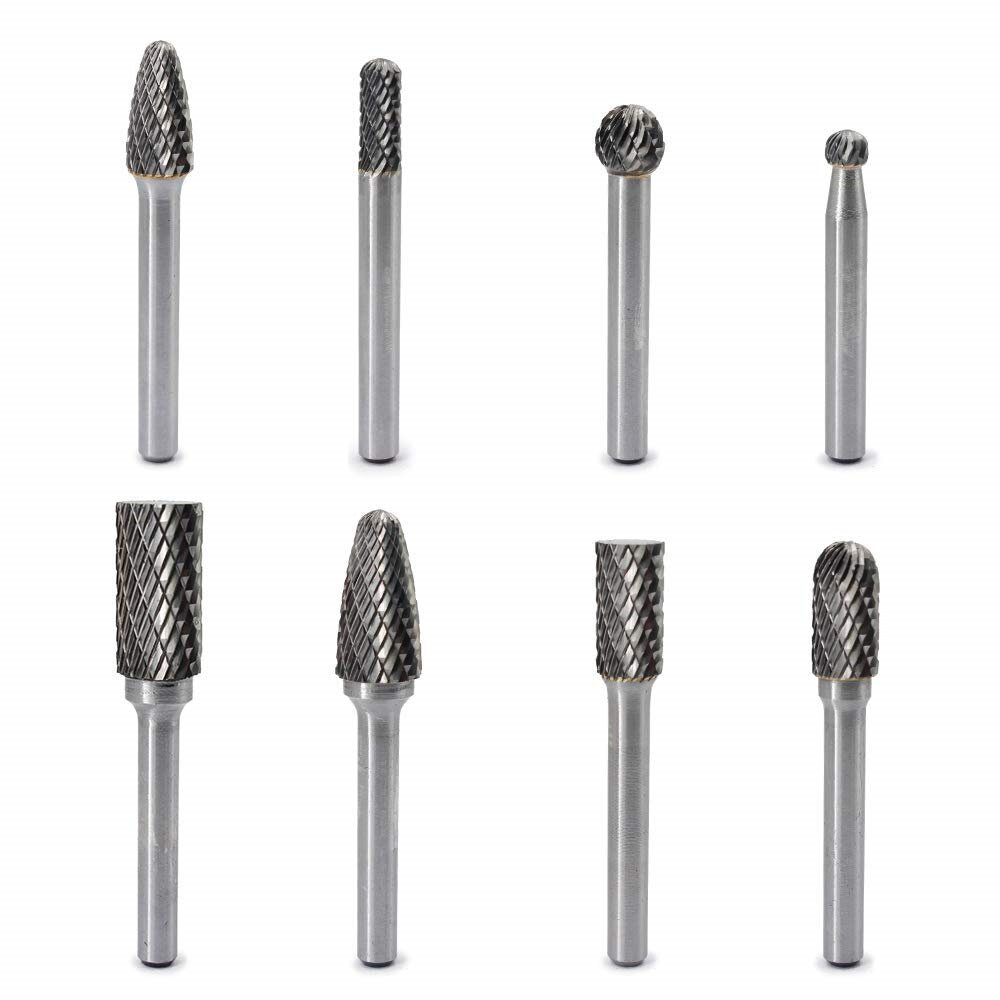 1//8 Shank 10PCS Rotary Tool Bits Die Grinder Bits Wood Carving Bits Porting Tools for Aluminum Carbide Burr Set Double Cut Cutting Burrs for Engraving Polishing and Grinding