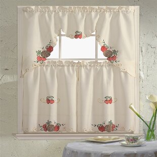 Burgundy GOHD 3pcs Multi-Color Embroidery Kitchen Curtain/Cafe Curtain Set with cutworks. Lily Fragrance
