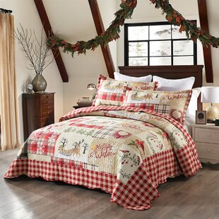 KING Size Max Studio Christmas Bear Moose Cotton Reversible Quilt red white 