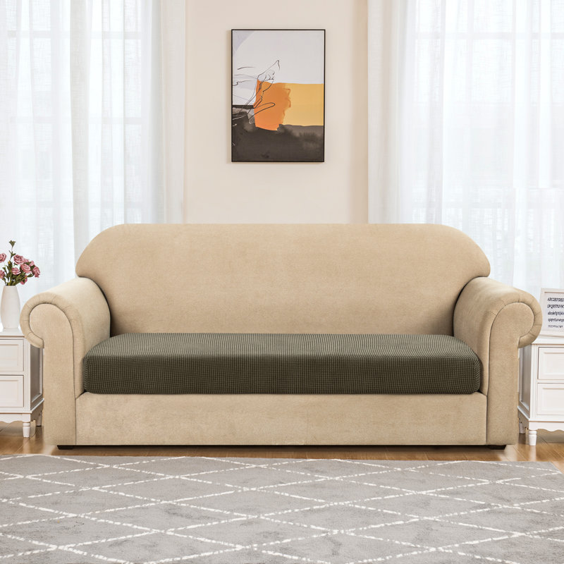 Jacquard Spandex Texture Grid Box Cushion Sofa Slipcover Fabric: Oliver Green