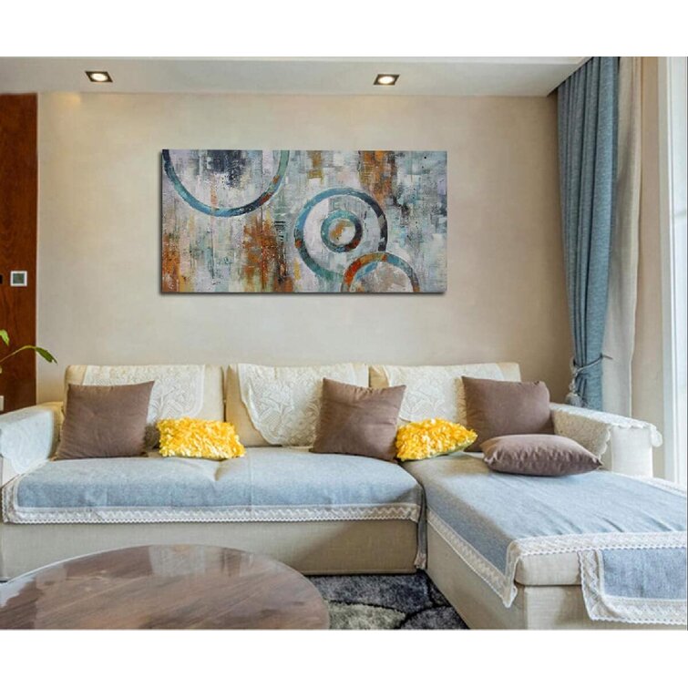 Original Design Canvas Wall Art Prints Abstract Geometry Circle Blocks Grey Brown Painting Picture One Panel Large Size Modern Artwork Framed Ready to Hang for Home and Office Décor 40x20