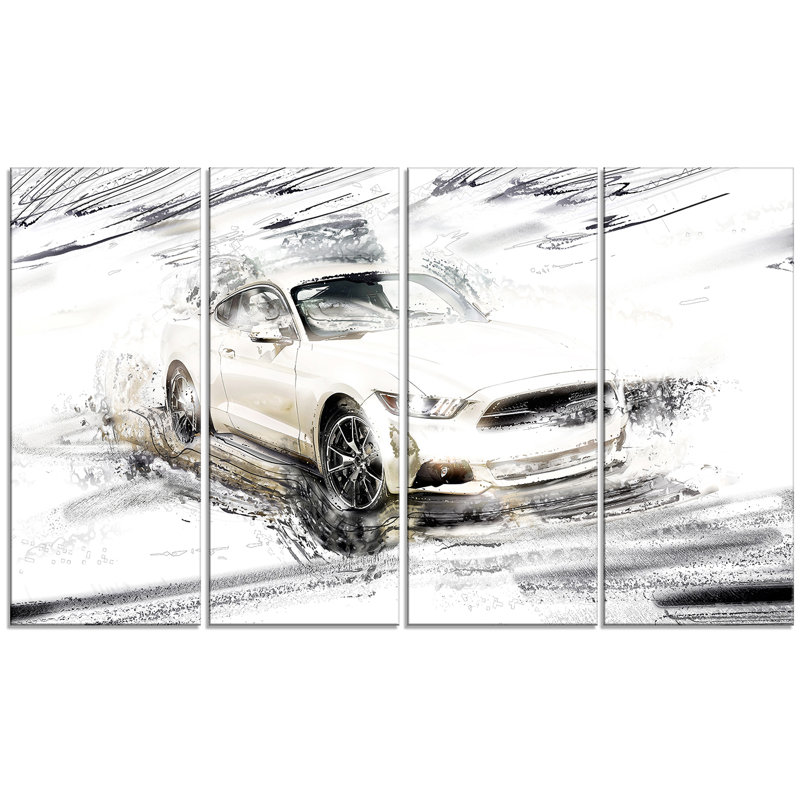 Designart Super Charged White Muscle Car 4 Piece Graphic Art On