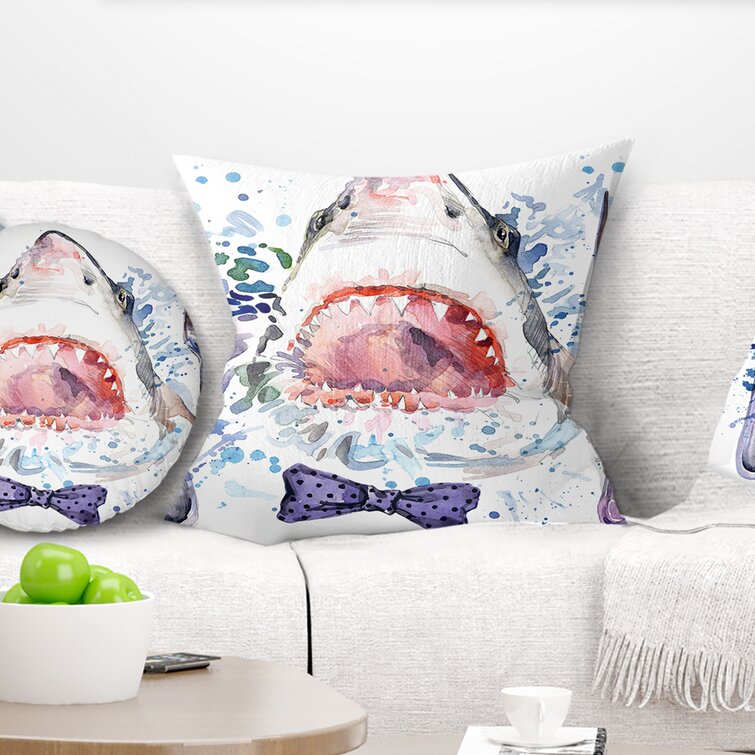 16x16 inch Home Decor White Throw Pillow Angry Shark Design Non Fade Print Decorative Sofa Cushion Stuffed with Hypoallergenic Poly Filling