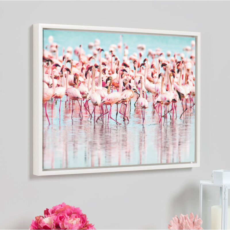 Pink Flamingo Wall Decorations - 'Flamingos on Water' Framed Photographic Print on Canvas