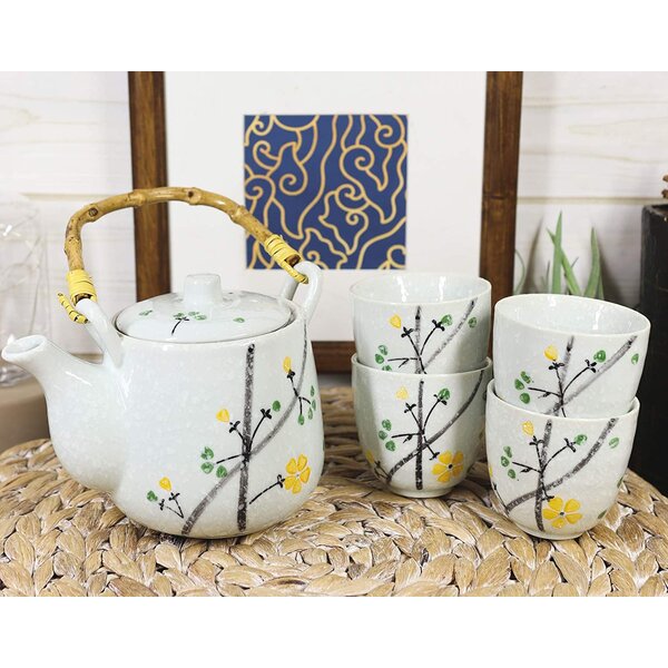 Ebros Eastern Folklore White Moon Rabbit Hare Porcelain Black Tea Pot 22oz and Cups Set Serves 4 Guests with Bamboo Handle and Strainer Home Decor Zen Fengshui Decorative Teapots Teacups Accent 