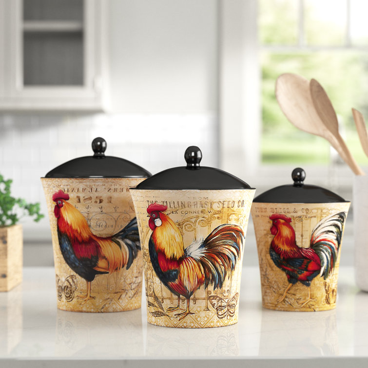 Penticton Gilded Rooster 3 Piece Kitchen Canister Set
