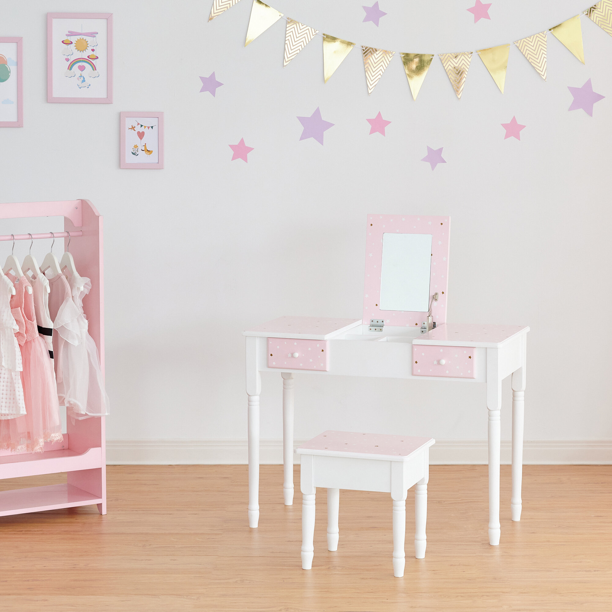 Teamson Kids Fashion Twinkle Star Prints Kate Play Vanity With Storage Pink White Wayfairca