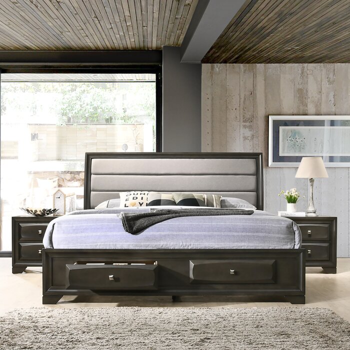 Asger Antique Grey Finish Wood Bedroom Set With Upholstered Queen Bed Dresser Mirror 2 Nightstands