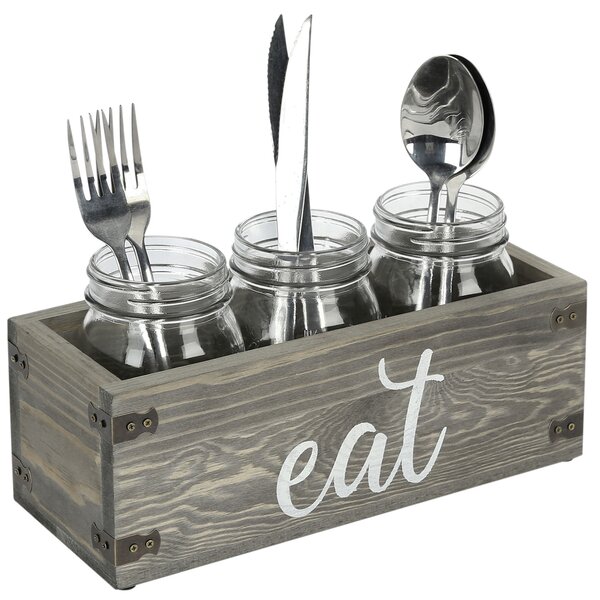 Set of 3 Clear Glass Mason Jars in Wire Tray with Wooden Handles Flatware Caddy Organizer Set for Home & Parties 