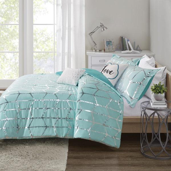 BEAUTIFUL MODERN CHIC REVERSIBLE FRETWORK BLUE AQUA GREY COMFORTER SET & SHEETS 