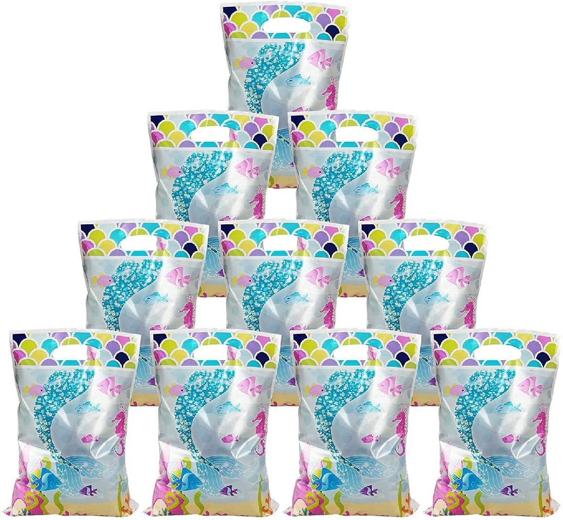 3D Mermaid Pattern Glitter Treat Mermaid Paper Bags for Under The Sea Party Mermaid Gifts Bags,Party Supplies Favors Goodie Bag Pack of 14, Blue 
