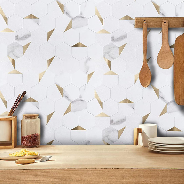 Hexagon Peel And Stick Backsplash Tiles, 11.8X12in Stickon Kitchen  Backsplash Self-Adhesive Hexagon Mosaic Wall Decor PVC Aluminum Metal Tiles  For ...