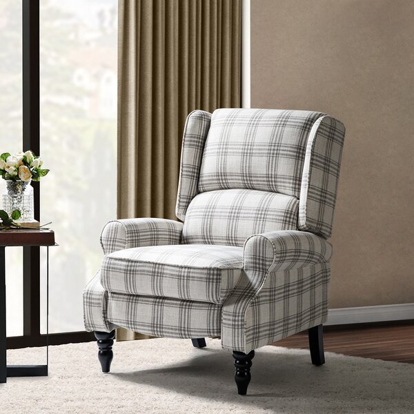 Blue Tartan Upholstered Fabric Wing Back Armchair Lounge Reclining Seat Sofa Sanery Soft Padded Recliner Chair with Adjustable Footrest and Backrest 