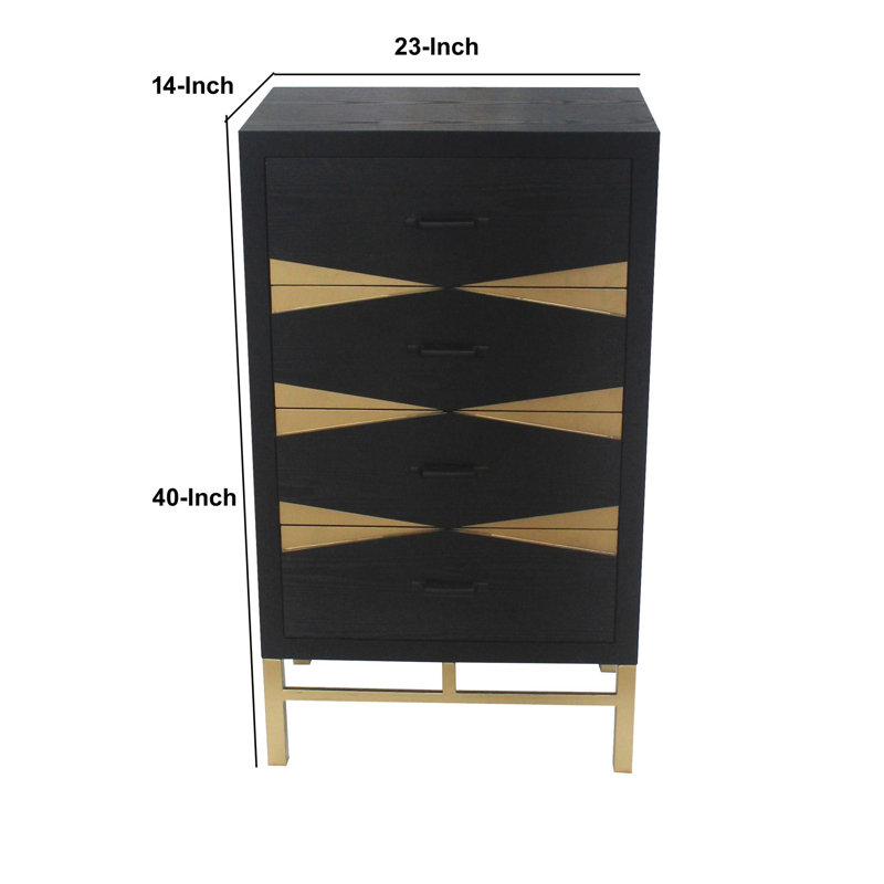 Benjara Wooden Side Table With Metal Base And Four Drawers Black And Gold Wayfair