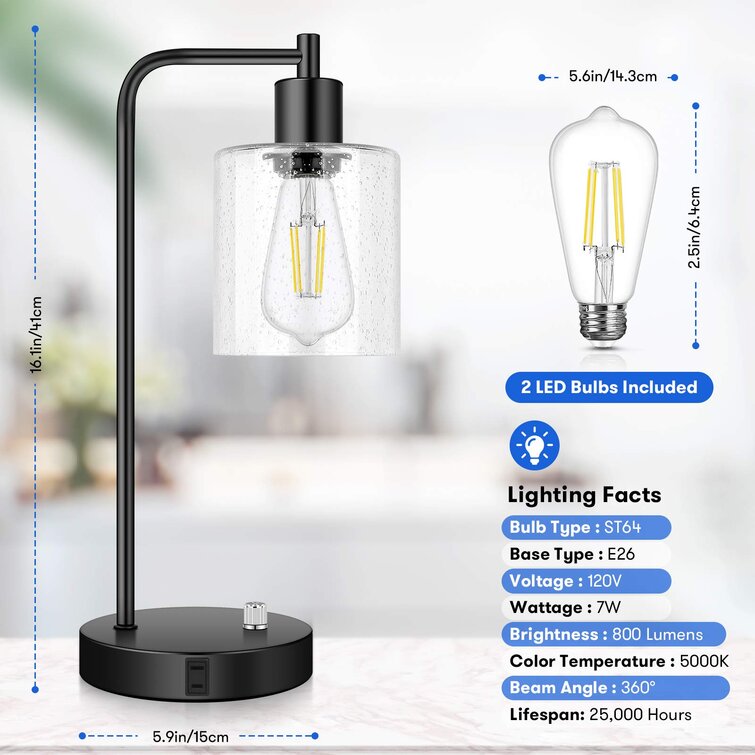 Fully Dimming Table Lamp with 2 AC Outlets Industrial Table Lamp with 2 USB Ports Bedroom Lamp with Clear Glass Shade Table Lamp for Bedroom Living Room Included E26 6W 3000K LED Dimmable Bulb 