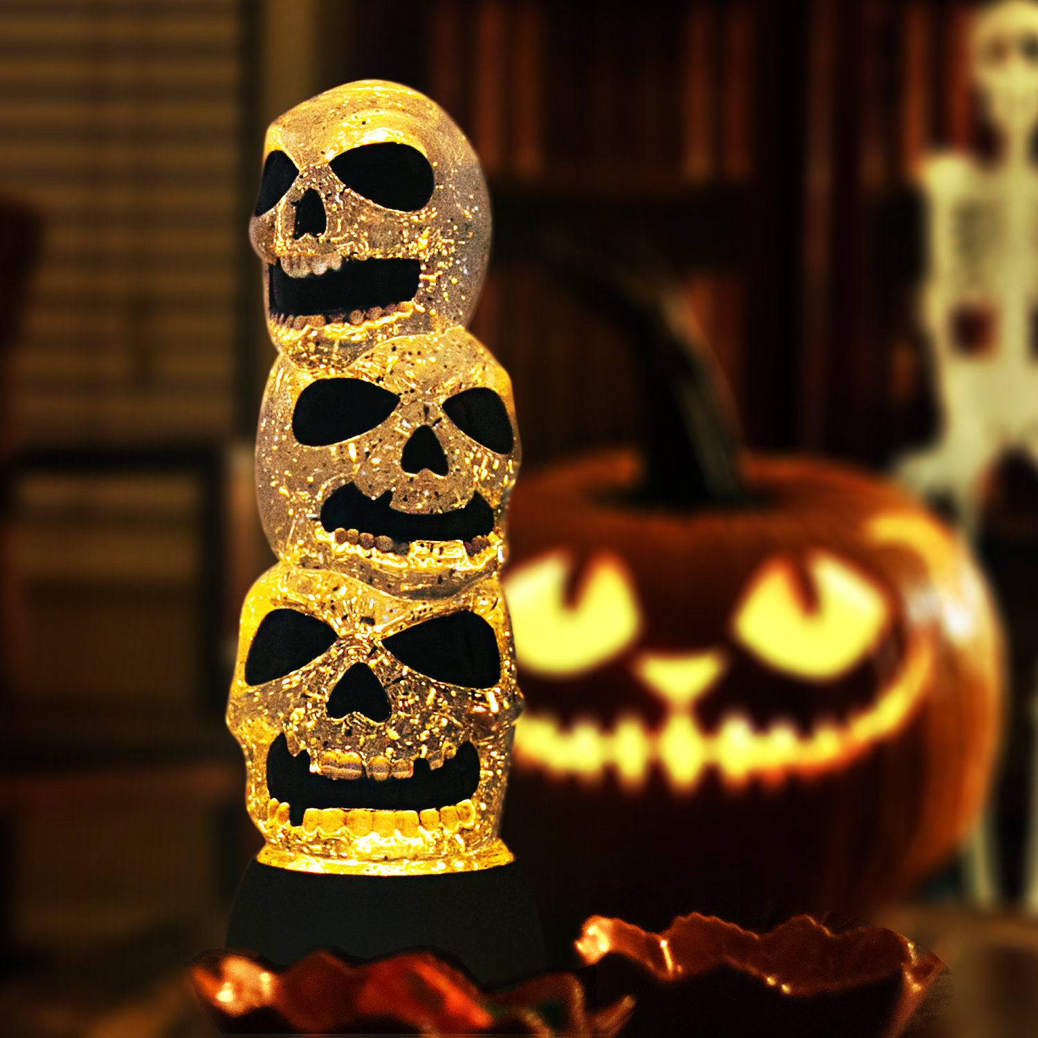 The Holiday Aisle Led Halloween Triple Skulls Stack Tower Snow Globe Wayfair