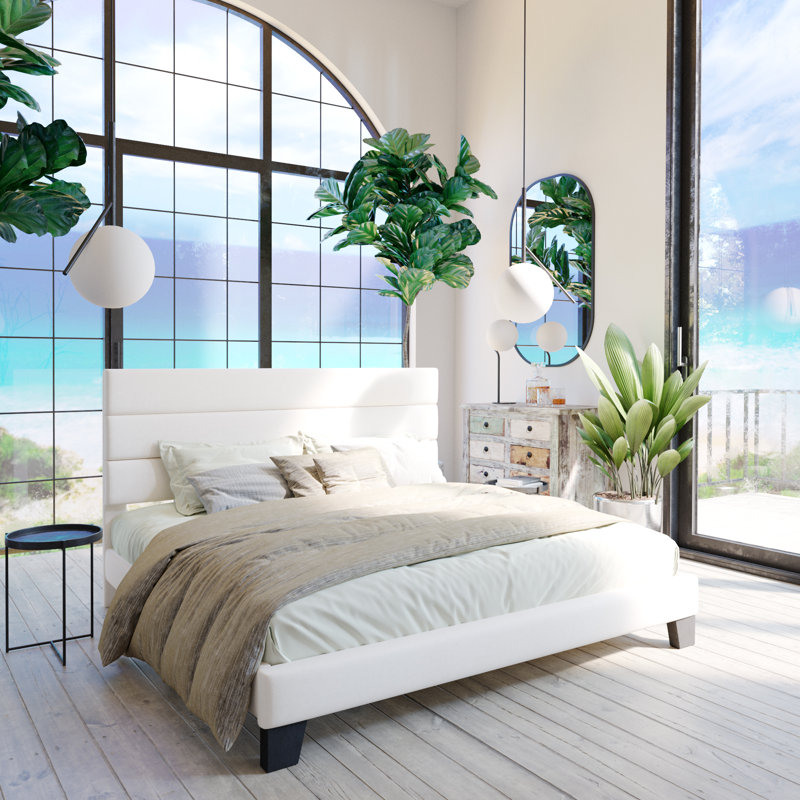 Elison Platform Bed with Fabric Upholstered Headboard and Wooden Slats Size: Queen, Color: White