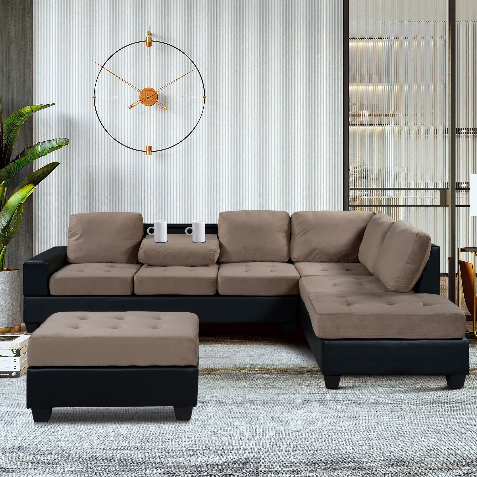 Latitude Run Convertible Sectional Sofa With Reversible Chaise L Shaped Couch Set With Storage Ottoman And Two Cup Holders For Living Room Wayfair