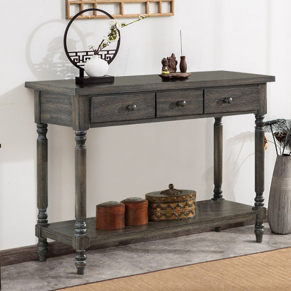 Rosalind Wheeler Accent Console Table With 3 Storage Drawers Lower Organizer Shelf Rustic Wooden Tabletop Kitchen Dining Room Server Table Weathered Grey Wayfair Ca