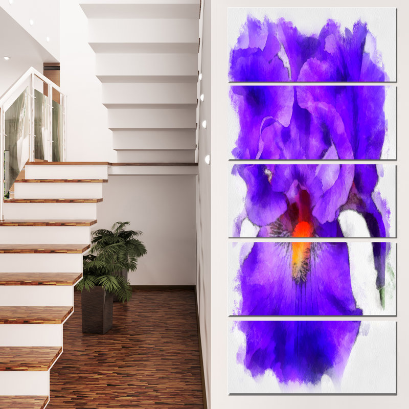 Designart Blue Iris Flower Sketch Watercolor 5 Piece Painting