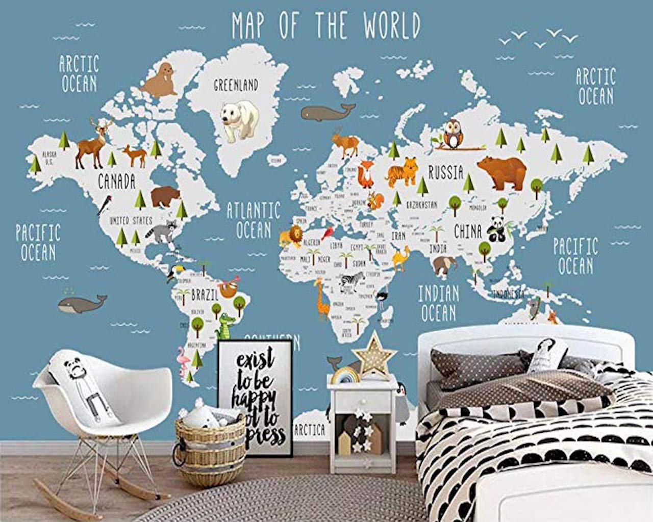 Gk Wall Design Blue World Map Wall Mural Cartoon Animal Textile Wallpaper Reviews Wayfair
