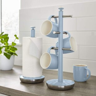 Chrome Mug Tree + Towel Holders Kitchen Mug Tree for 6 Cups Paper Towel Roll Holder Stainless Steel Pole Height 35cm Rack Organiser Stand with Anti-Slip Base Modern Style 
