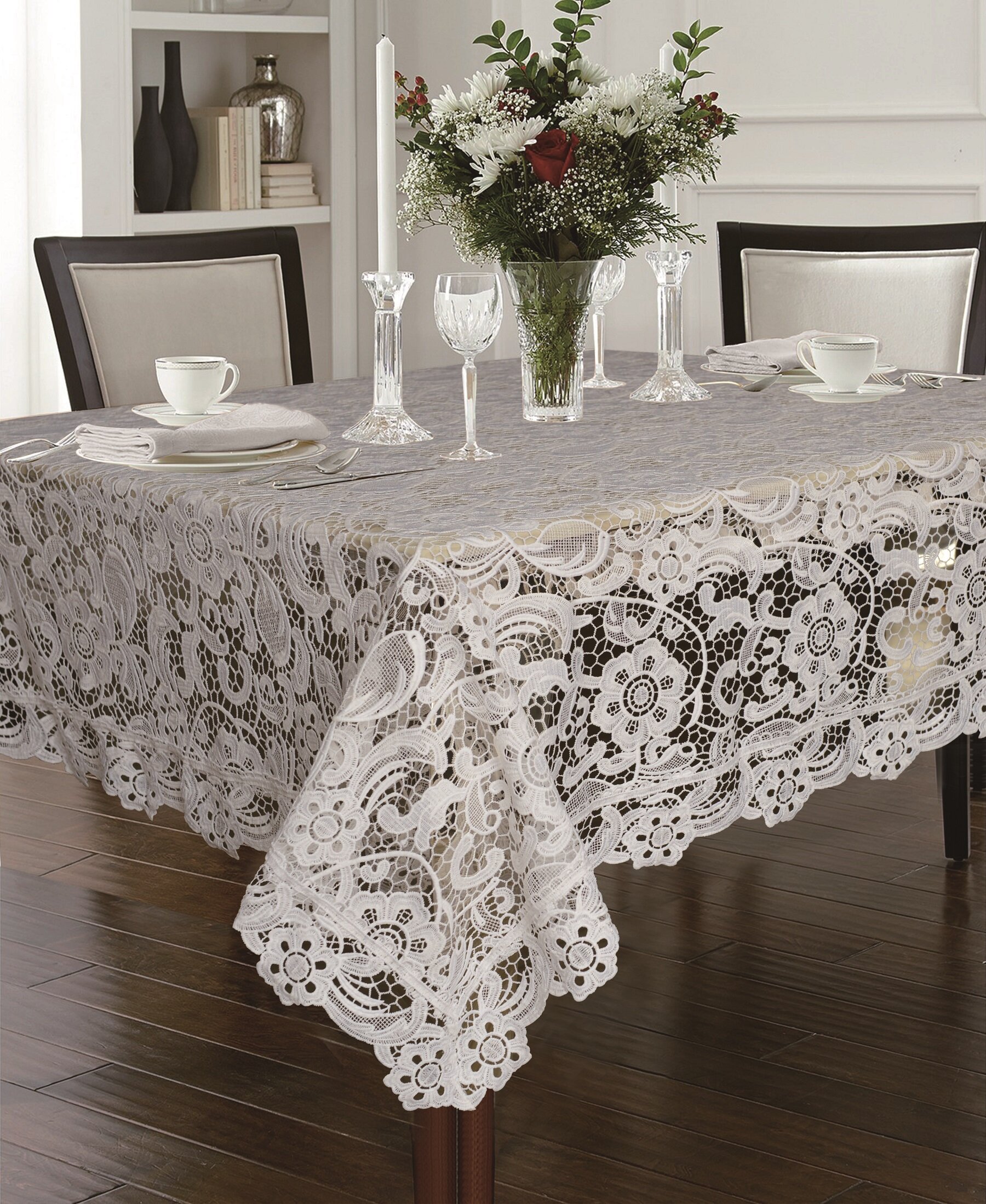 Round Lace Tablecloth Embroidered Floral Table Covers Semi Sheer Romantic Decor