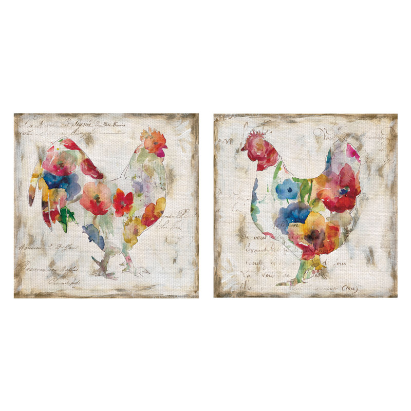 Fleur De Lis Living Flowered Hen Rooster 2 Piece Watercolor