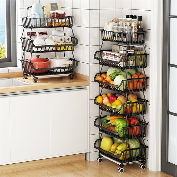 Pantry Closet Bathroom 4-tier Stackable Rolling Fruit Basket Utility Rack Storage Organizer Bin for Kitchen Bedroom Metal Wire Basket with Wheels and Cover 