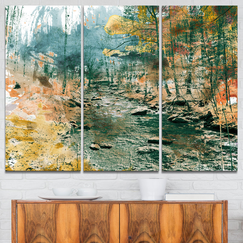 Designart Rocky River 3 Piece Painting Print On Wrapped Canvas