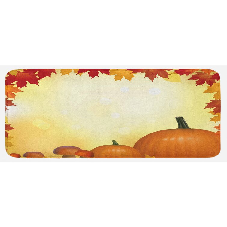 24 x 72 Harvest Kitchen Mats for Floor Pale Yellow Orange Red Mushrooms and Pumpkins with Autumn Tree Leaves Framework Bokeh Effect Area Rugs