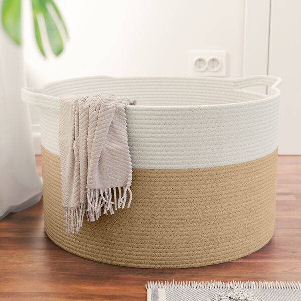 Hamper and Organizer Bin Large Round Woven Decorative Baskets with Rope Handles for Baby Blanket Simplified Brands White and Gray Cotton Rope Basket 15 x 13 Laundry Bins Toy Storage for Kids 