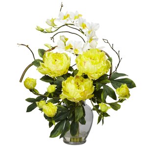 Peony and Orchid Silk Floral Arrangements in Yellow with Vase