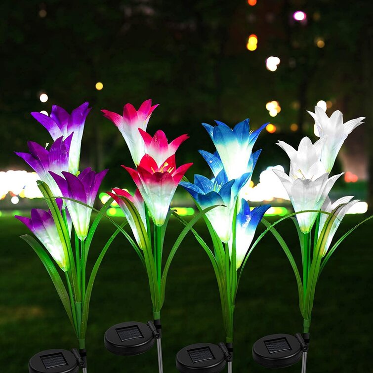 Outdoor Solar Lights 4 Pack Solar Garden Lights with 16 Bigger Lily Flowers, 