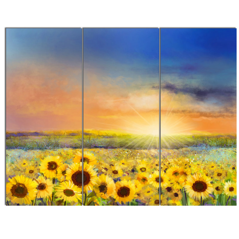 Designart Sunset Over Golden Sunflower Field 3 Piece Painting