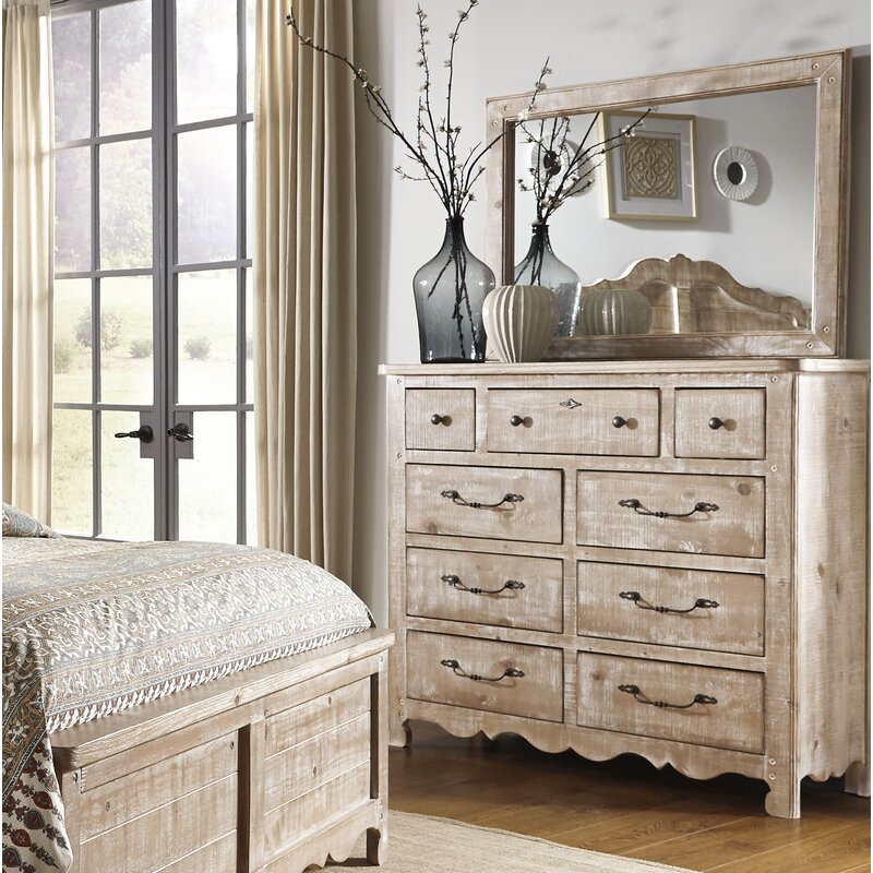 Feminine French Country 9 Drawer Double Dresser With Mirror