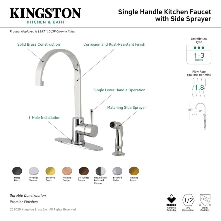 Kingston Brass LS8711DLSP Concord Single-Handle Kitchen Faucet with Side Sprayer 8 in Spout Reach Polished Chrome 