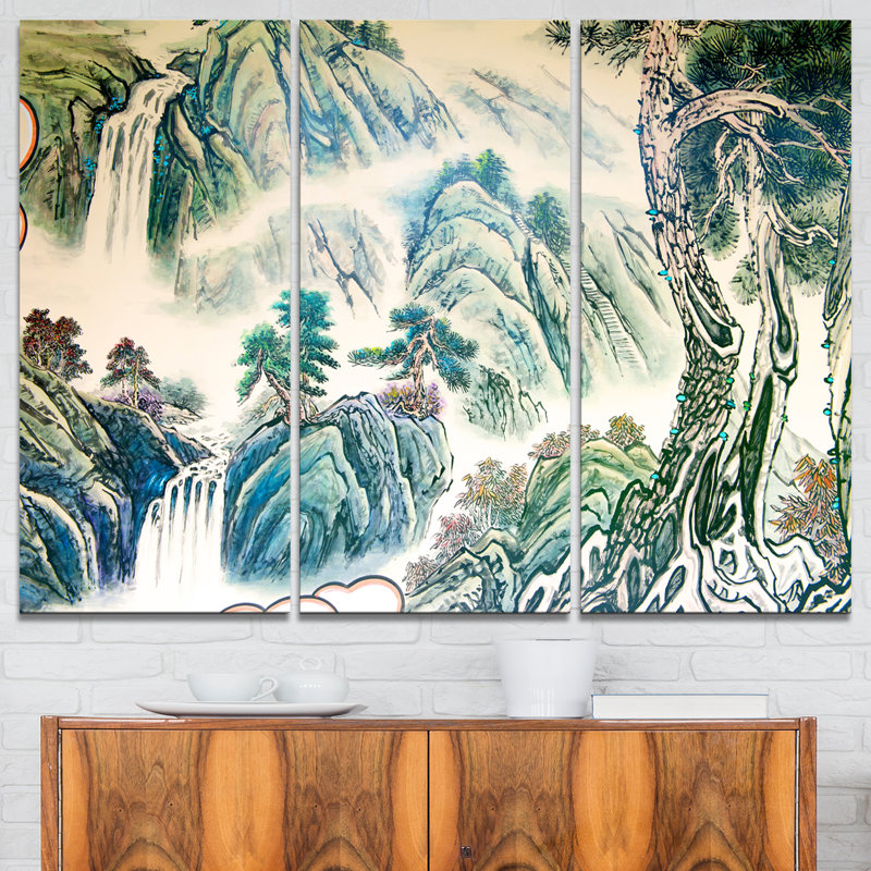 Designart Blue Chinese Landscape Painting 3 Piece Graphic Art On