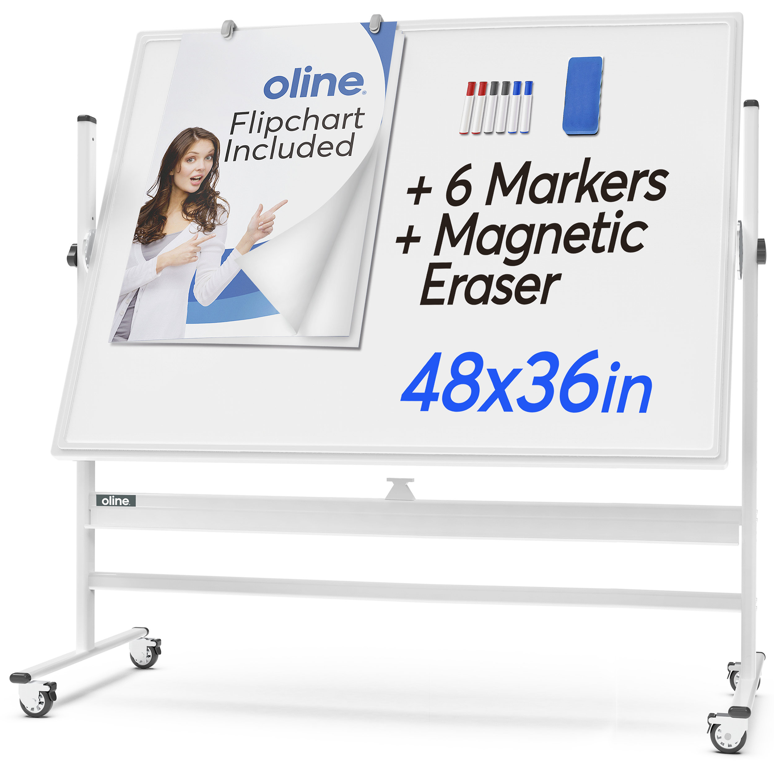 Large Rolling Whiteboard with Stand Classroom or Home Use Easy Clean 48x36 Flip-Over Dry Erase Board on Wheels Double Sided Magnetic Portable Writing Board with Magnets and Eraser for Office 
