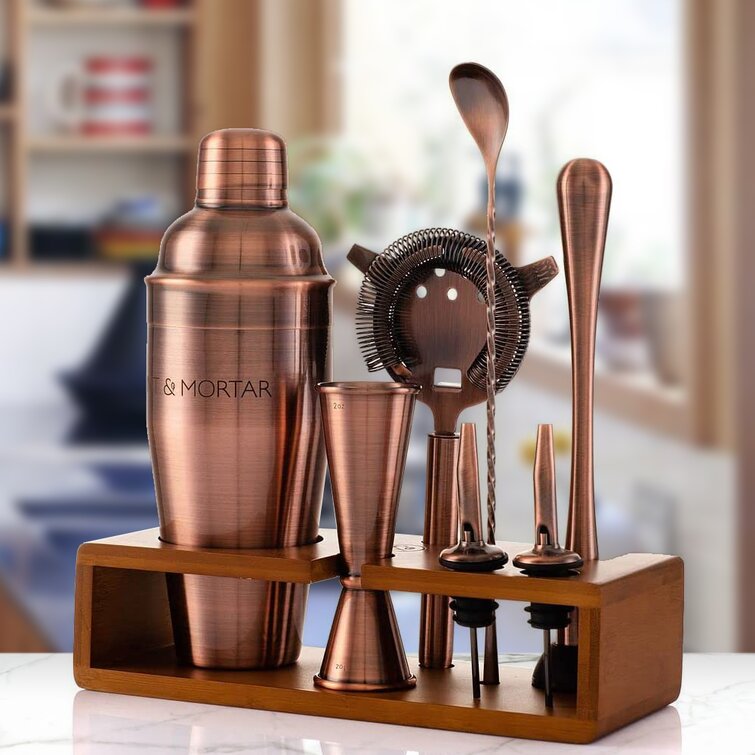 Cocktail Shaker Set Jigger Mixing Spoon Bartender Tools w/ Wood Storage Stand