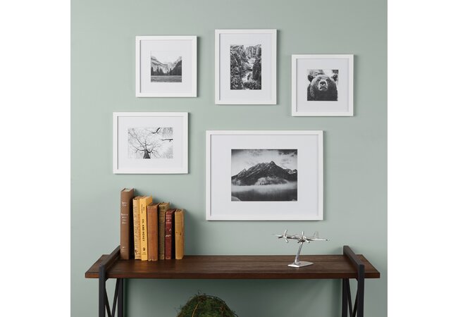 gallery wall made up of different sizes of framed photographs