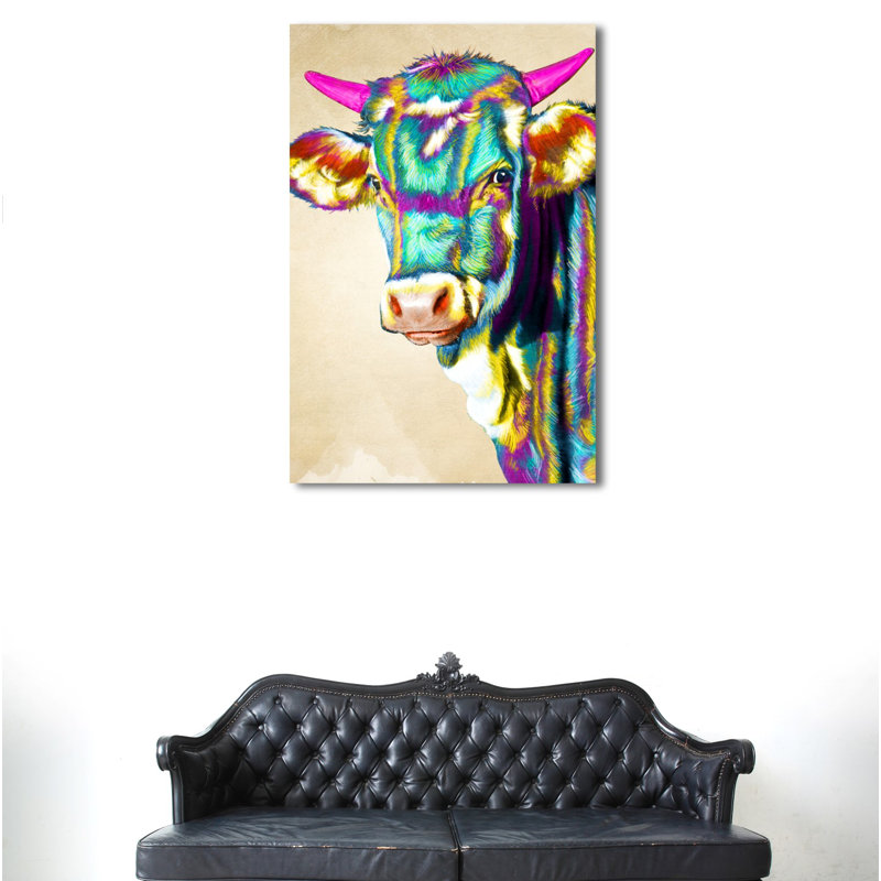 Latitude Run Colorful Glam Cow Wrapped Canvas Acrylic Painting