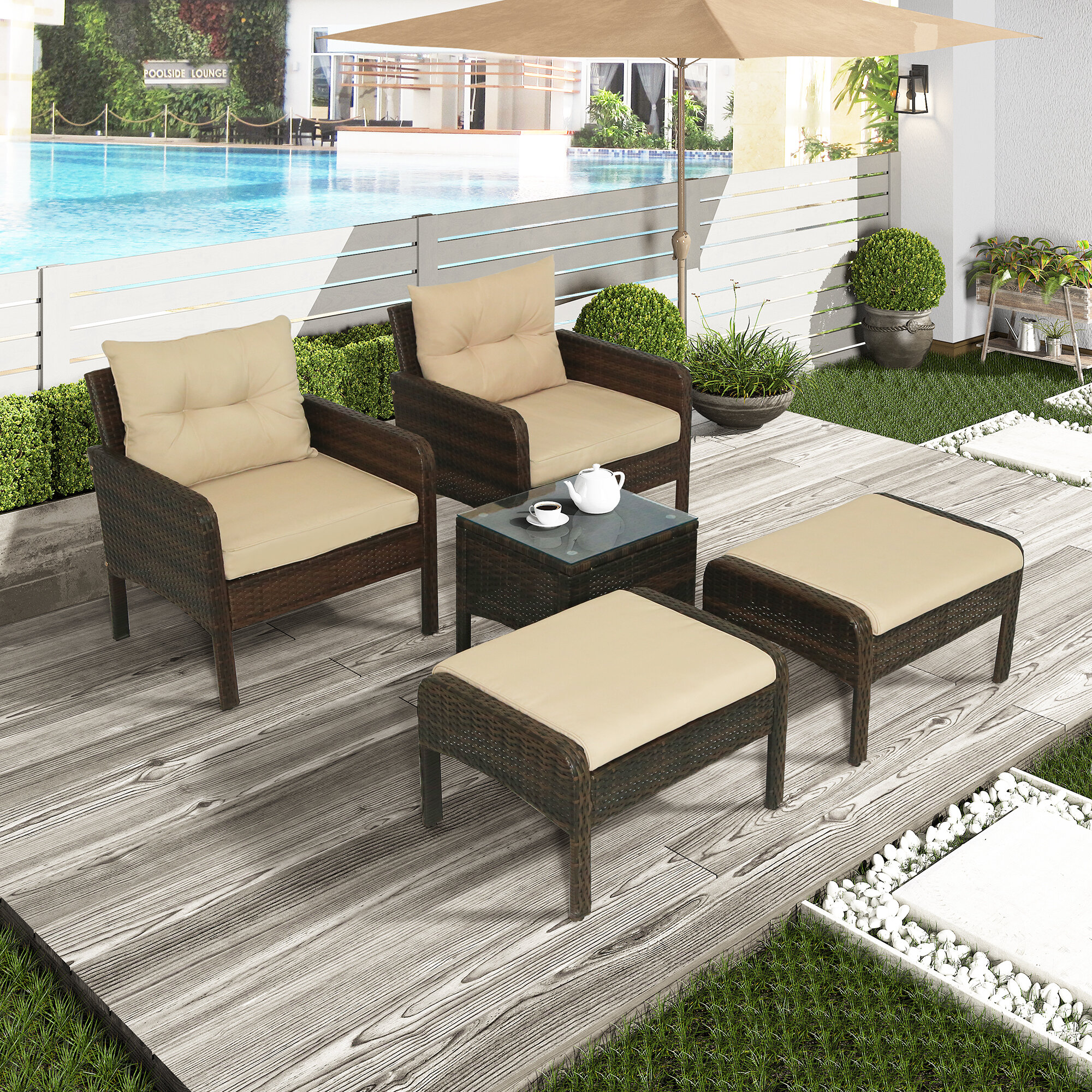 Latitude Run 5 Piece Pe Rattan Wicker Outdoor Patio Furniture Set With Glass Table Wayfair Ca