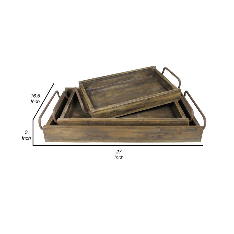 Brown Benjara Rectangular Wooden Tray with Metal Framework and Curved Feet 