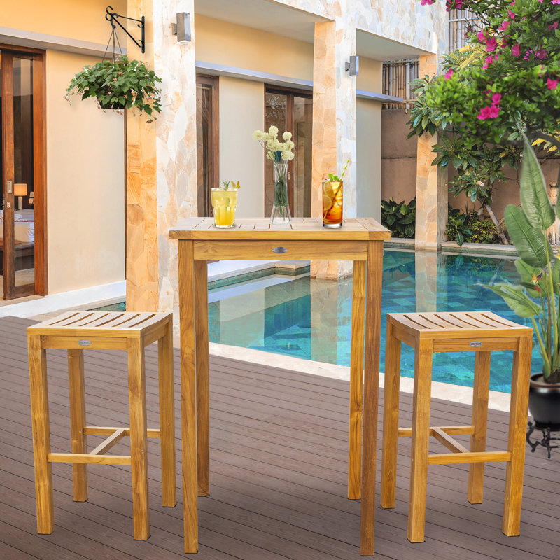Bayou Breeze Vaughn Patio 3 Piece Teak Bar Height Dining Set Wayfair