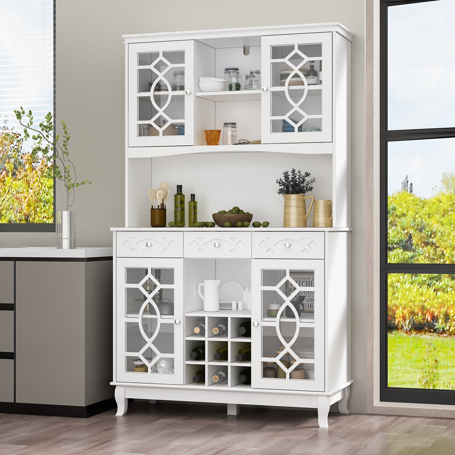 Alcott Hill 71 Traditional Freestanding Kitchen Pantry Storage   71 Traditional Freestanding Kitchen Pantry Storage Cabinet With 3 Drawers And 4 Storage Cabinets 