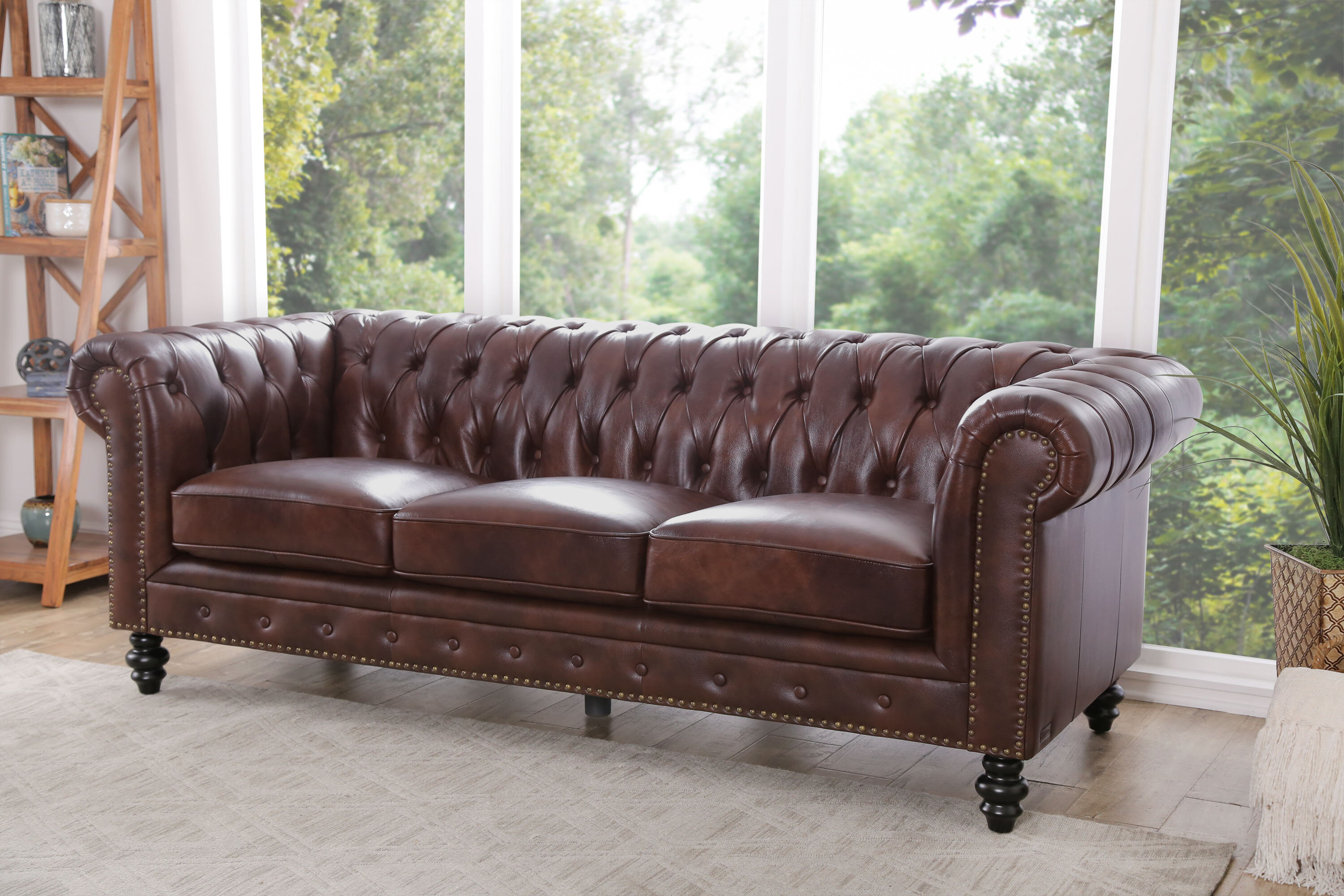 Eufaula 87” Genuine Leather Rolled Arm Chesterfield Sofa