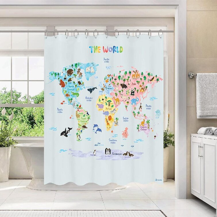 Polyester Waterproof Fabric Colorful Country World Map Design Shower Curtain Set 