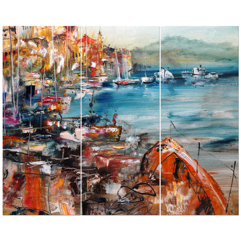 East Urban Home Boats In The Harbor From Blue Sea Oil Painting