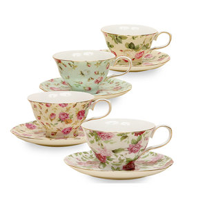 Ilian 8 oz. Porcelain Rose Chintz 4 Piece Tea Cup and Saucer Assorted Set